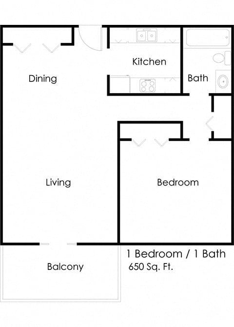 Floor plan for 1 bed, 1 bath, 624 sqft